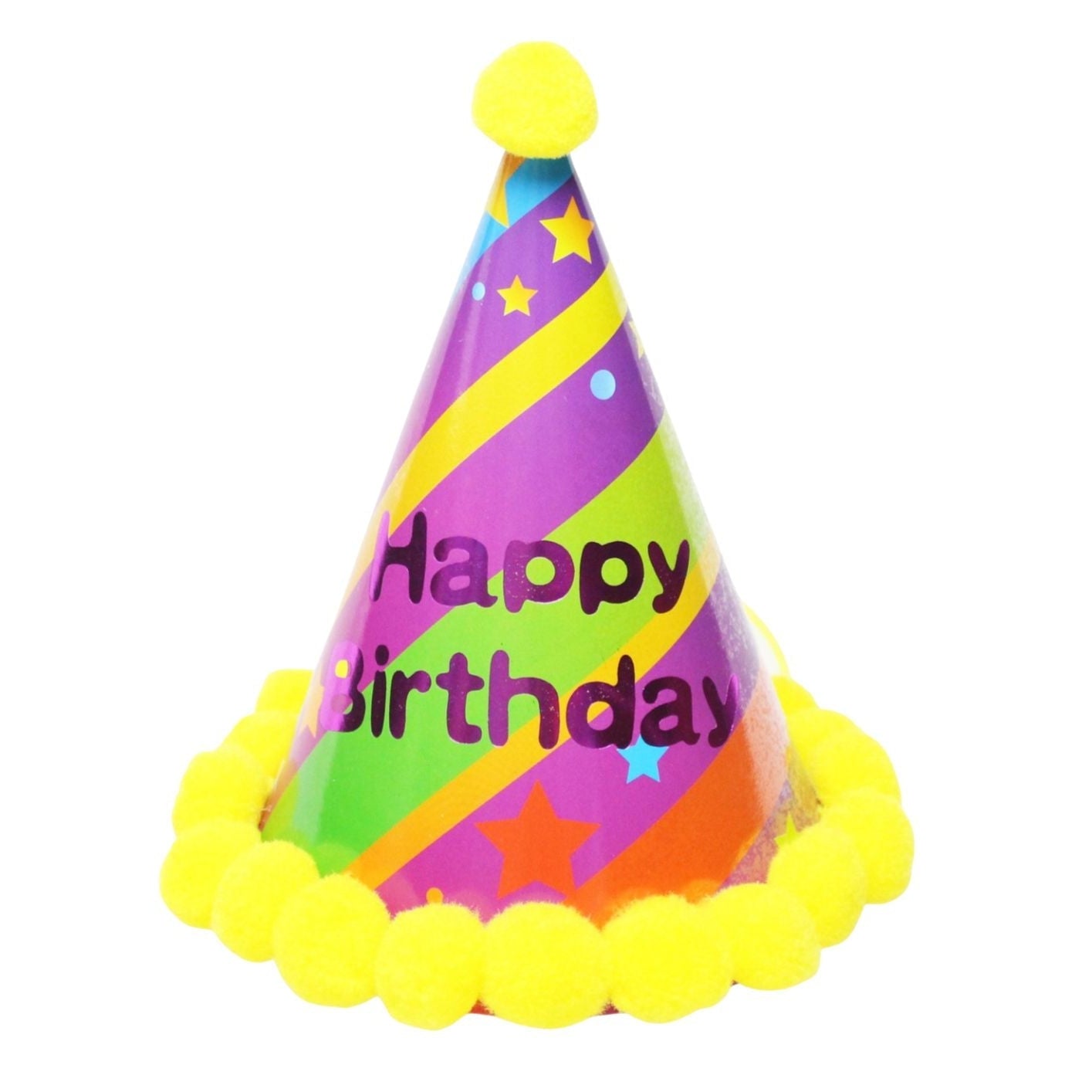 Party Hat - Purple Stripes with Yellow Pompoms - dazzlemyday
